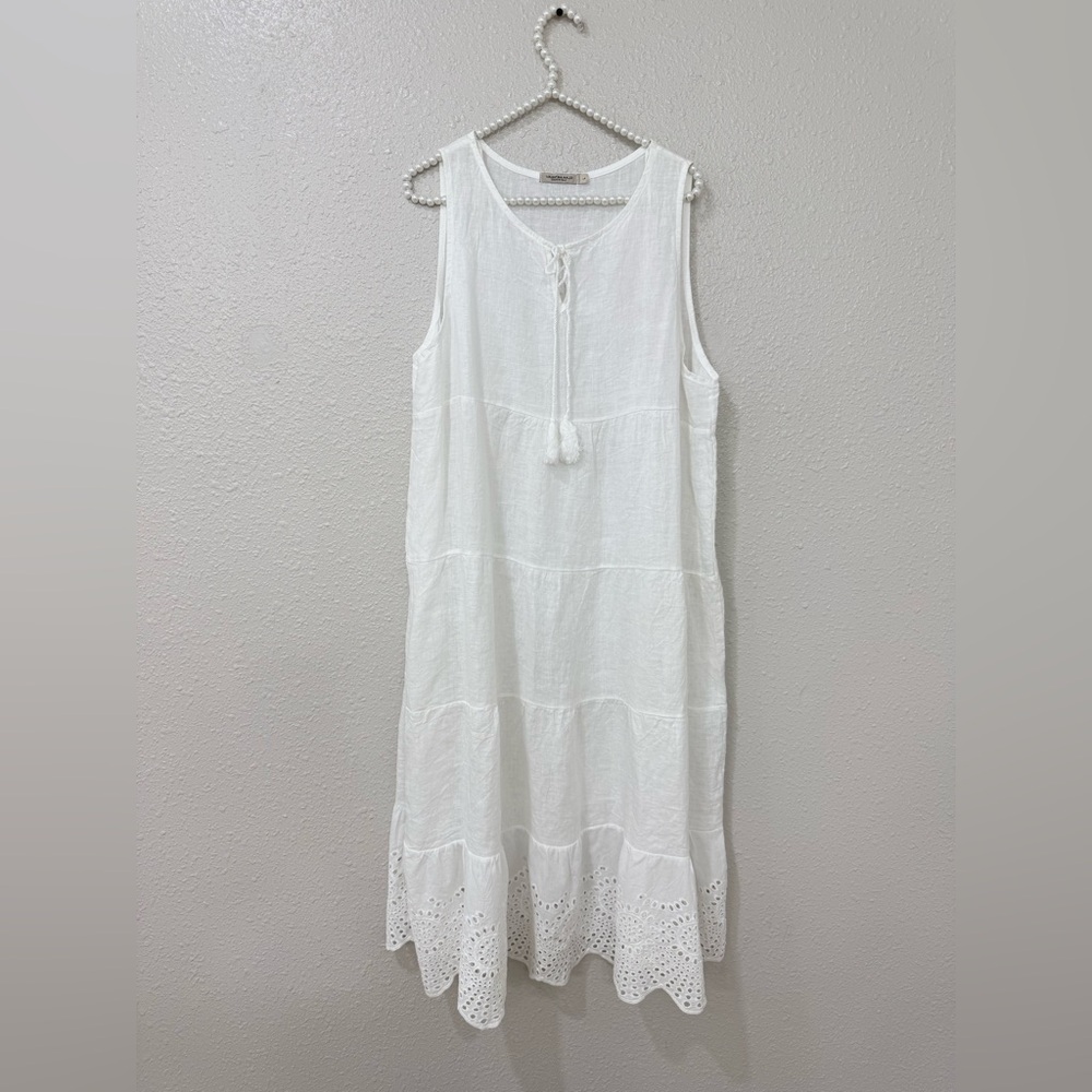 Valentina Naldi White Linen Dress L Made in Italy Boho Tiered Eyelet Midi